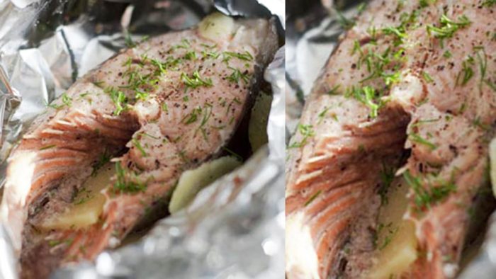 пряная горбуша с чесноком и зеленью 