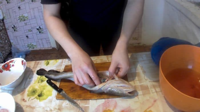 удаление внутренностей из налима 